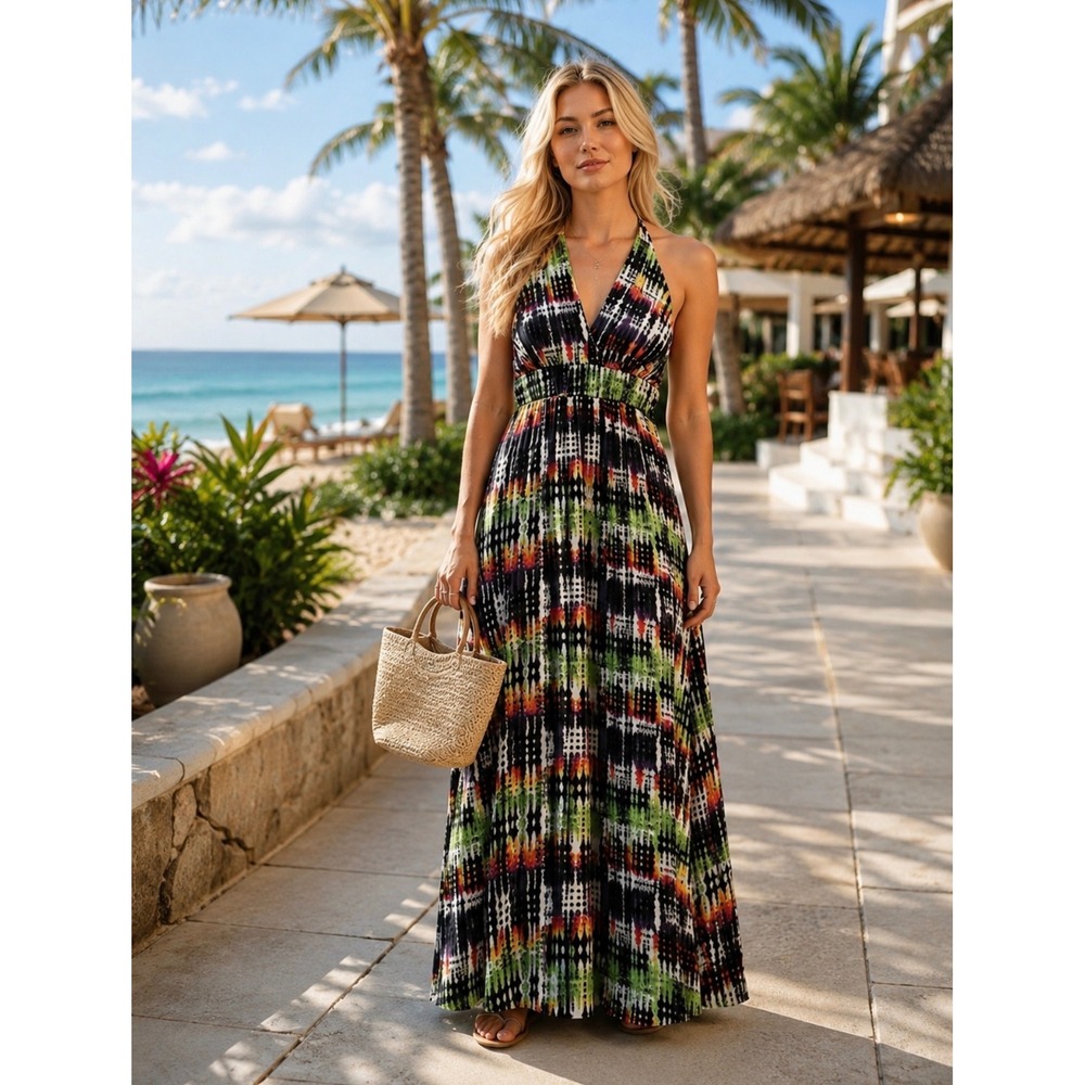 New Look Halter Maxi Dress US 10 Multicolor Abstract Print Open Back